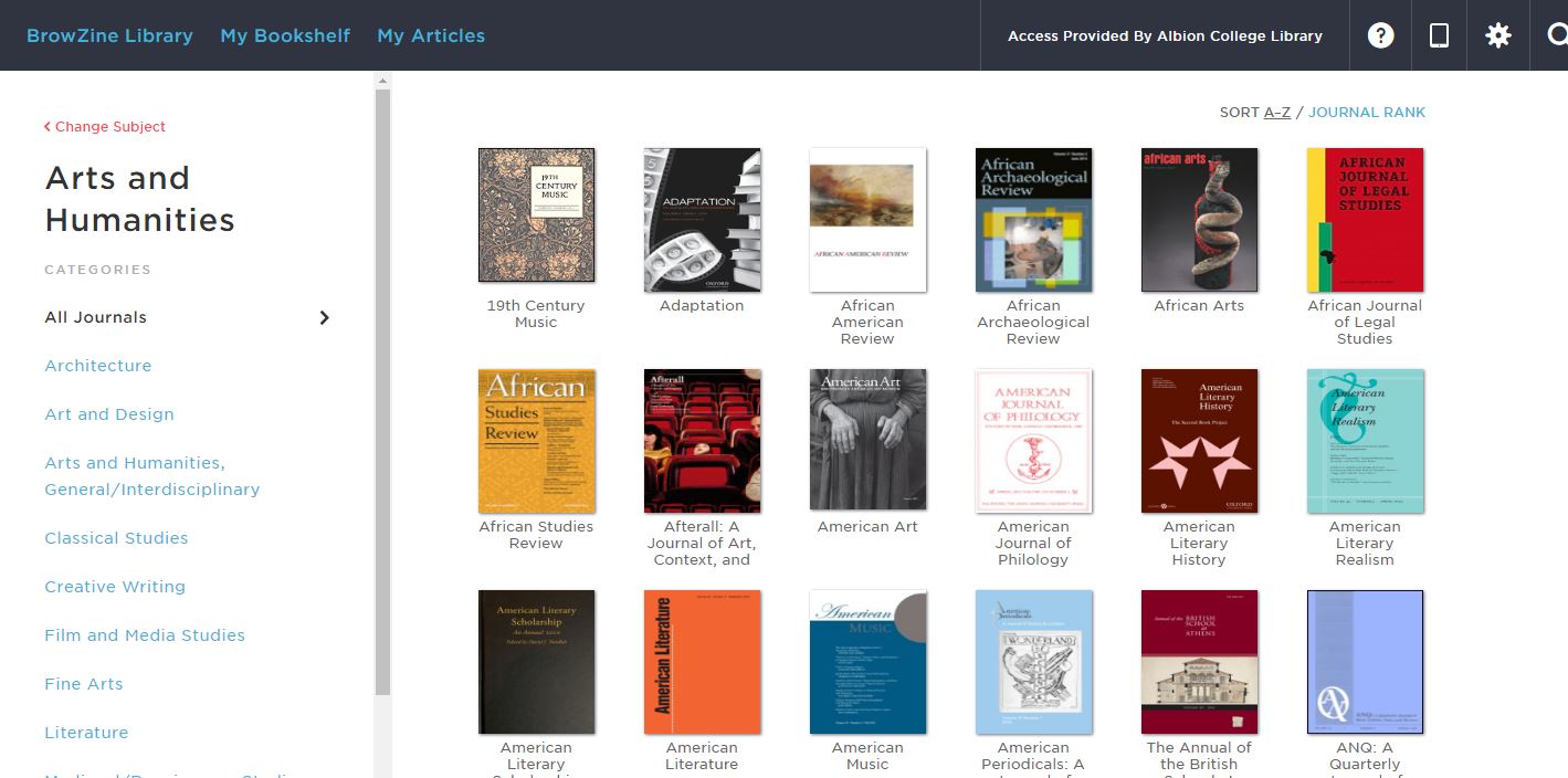 Arts and Humanities Journals in BrowZine
