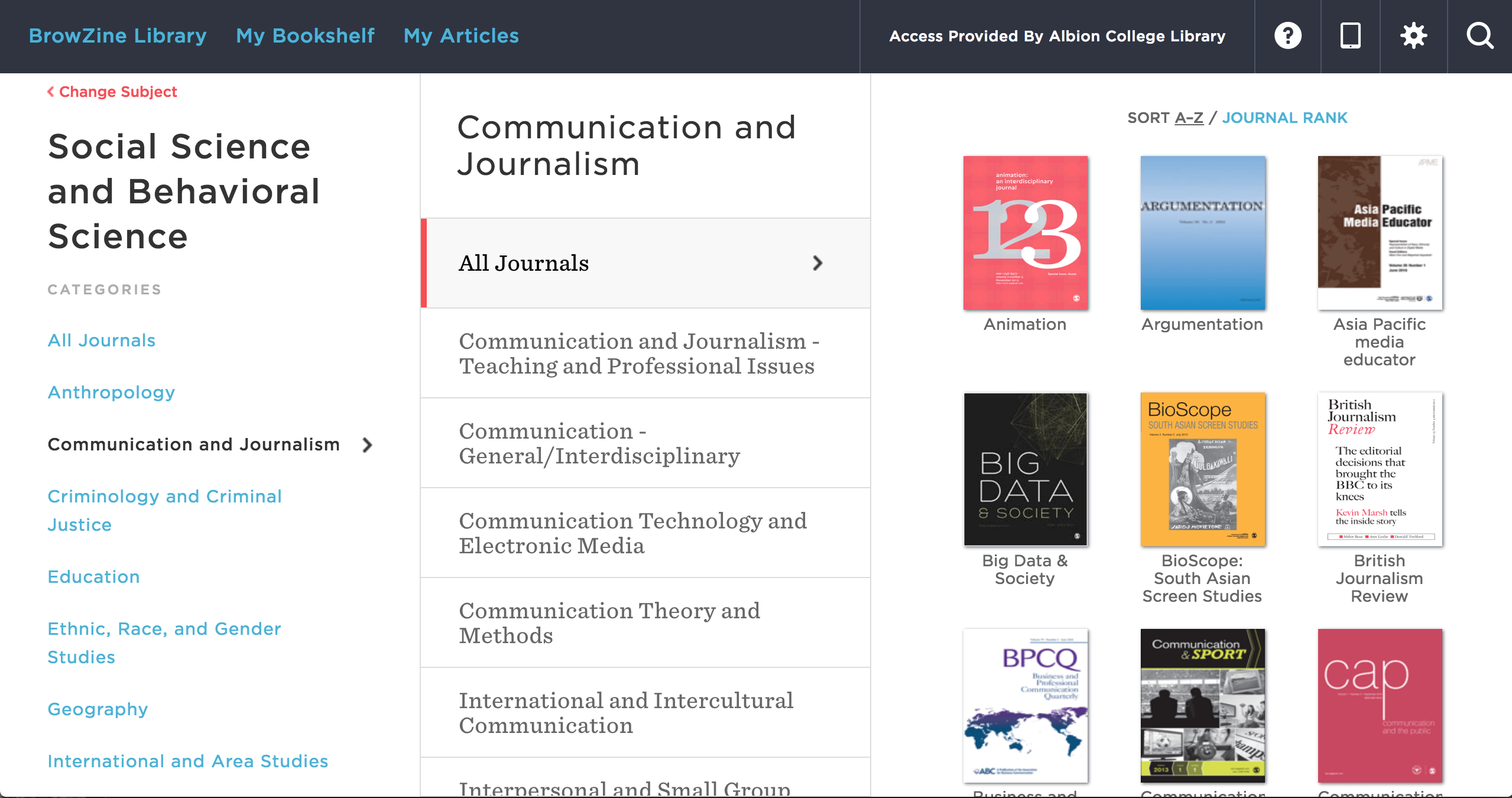Communication Studies Journals in BrowZine
