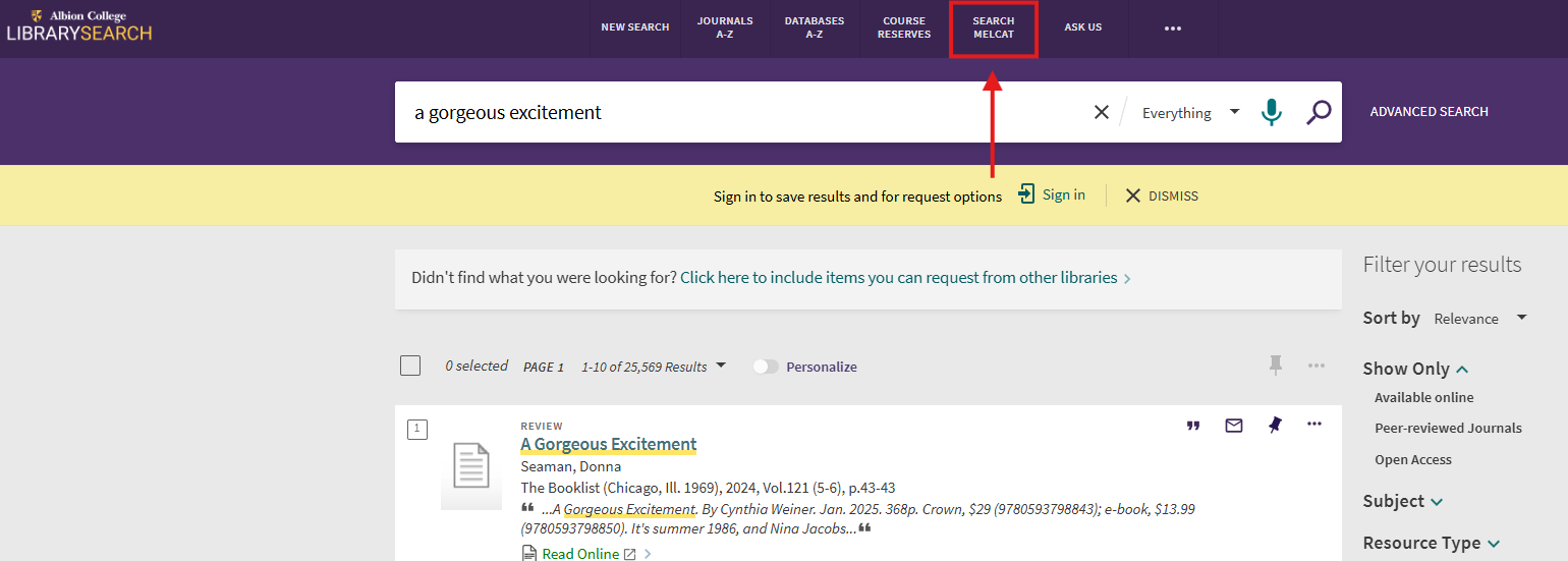Screen shot of Search MeLCat in LibrarySearch Menu